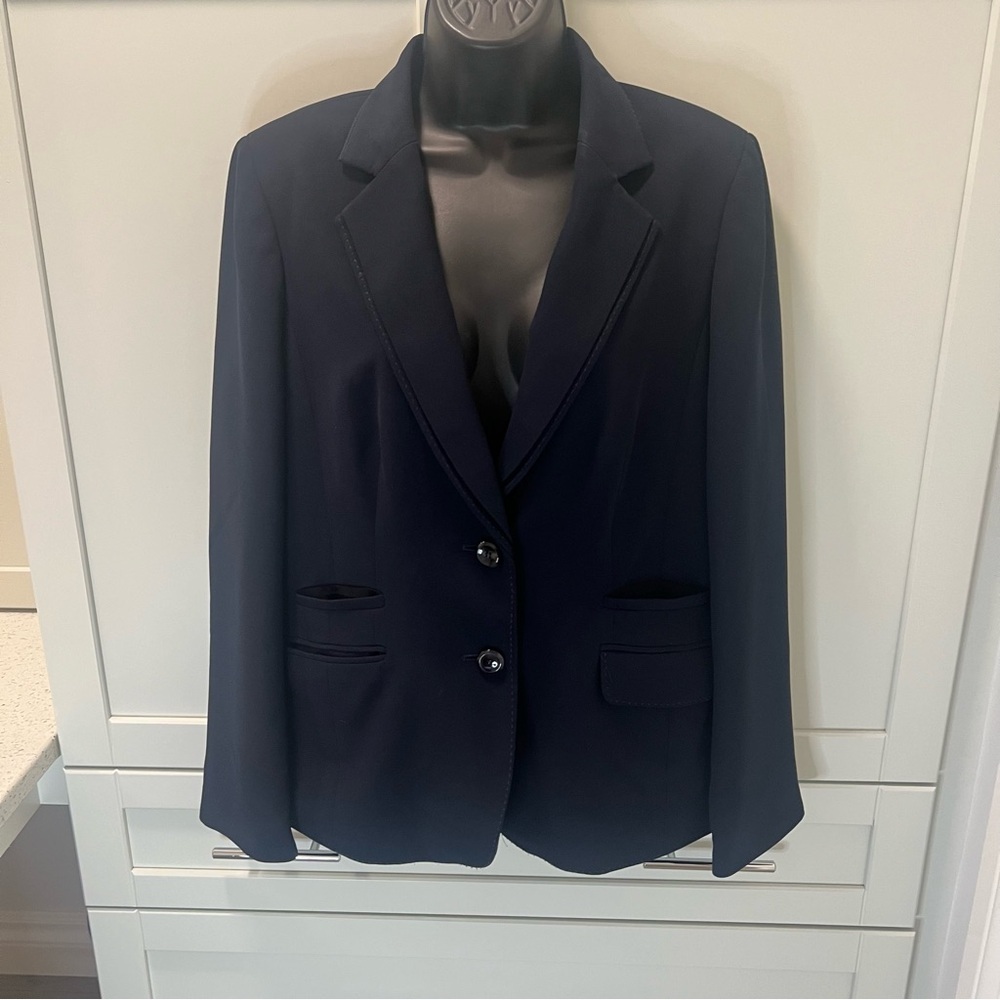 PLANET Navy Blazer with Notched Lapel | Emerald Green Lining Accents | Size 14